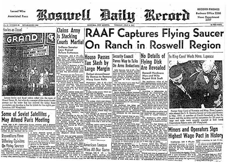 Roswell Daily Record, 8 July 1947, front page: scan