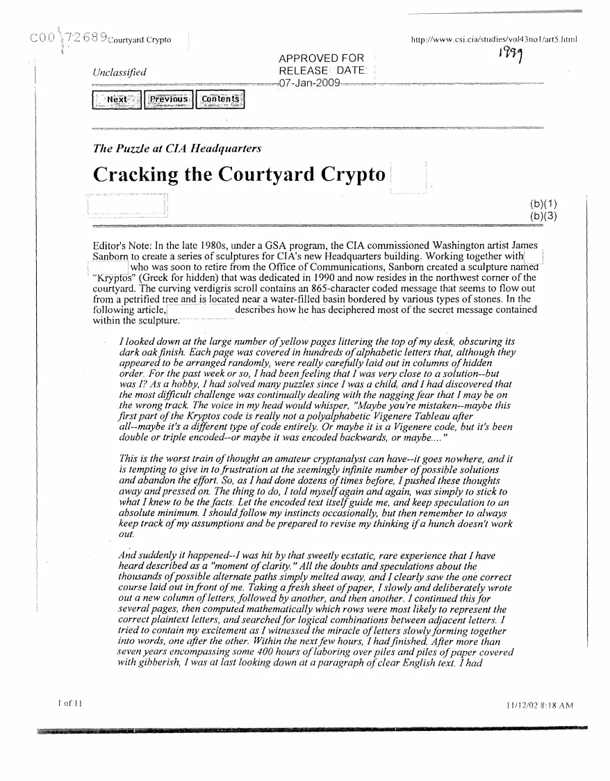 First page of David Stein, "The Puzzle at CIA Headquarters: Cracking the Courtyard Crypto" (Studies in Intelligence, 1999)