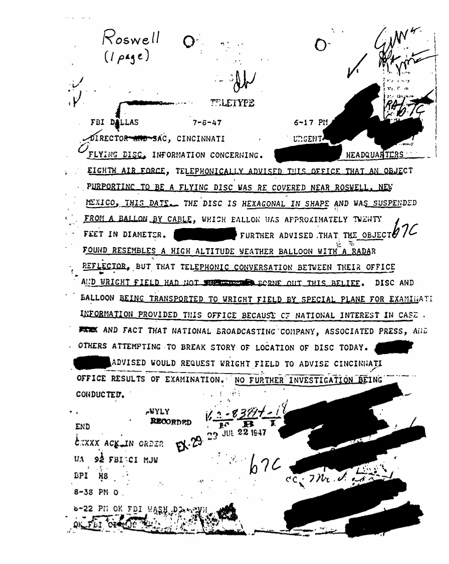 FBI Dallas teletype, 8 July 1947
