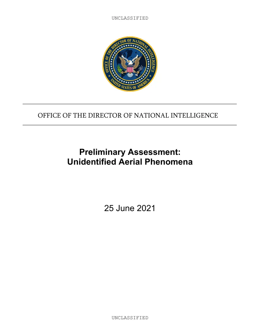 First page of Preliminary Assessment: Unidentified Aerial Phenomena (ODNI, 25 June 2021)