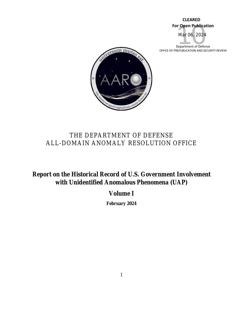 First page of Report on the Historical Record of U.S. Government Involvement with Unidentified Anomalous Phenomena, Volume 1
