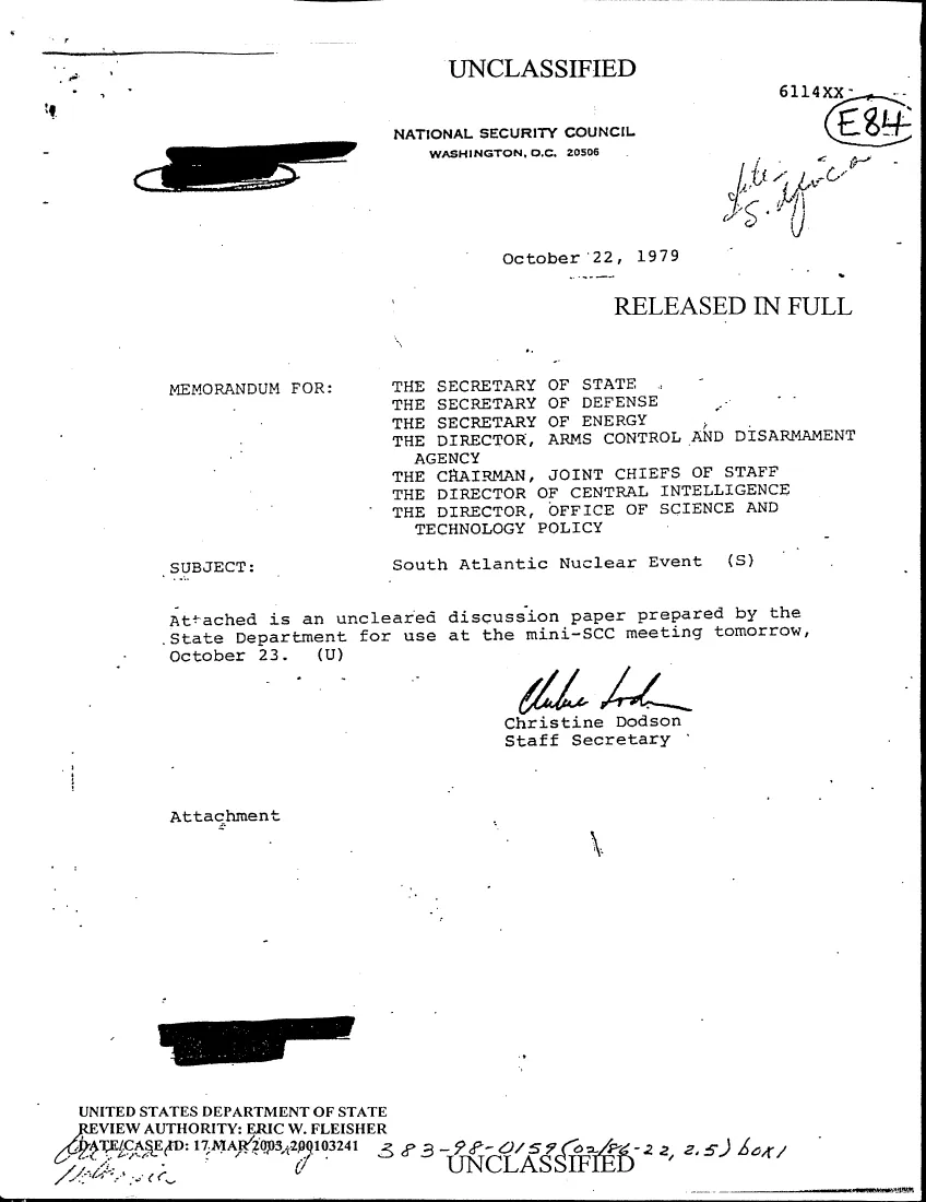First page of NSC memorandum of 22 October 1979 with the discussion paper on the South Atlantic event
