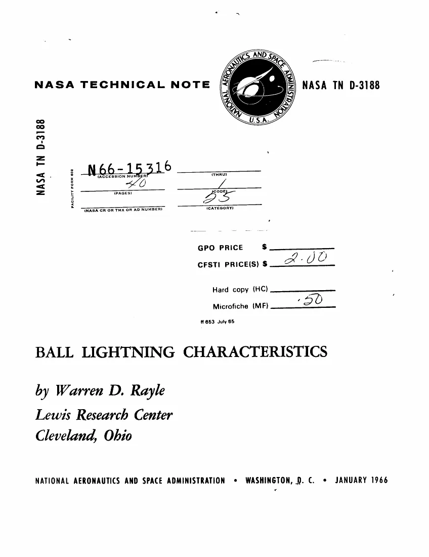 First page of NASA Technical Note D-3188, Ball lightning characteristics