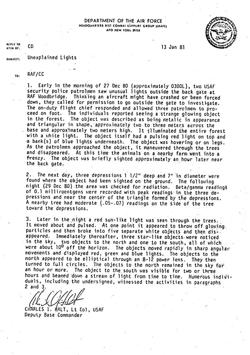 The Halt memorandum, 'Unexplained Lights', 13 January 1981