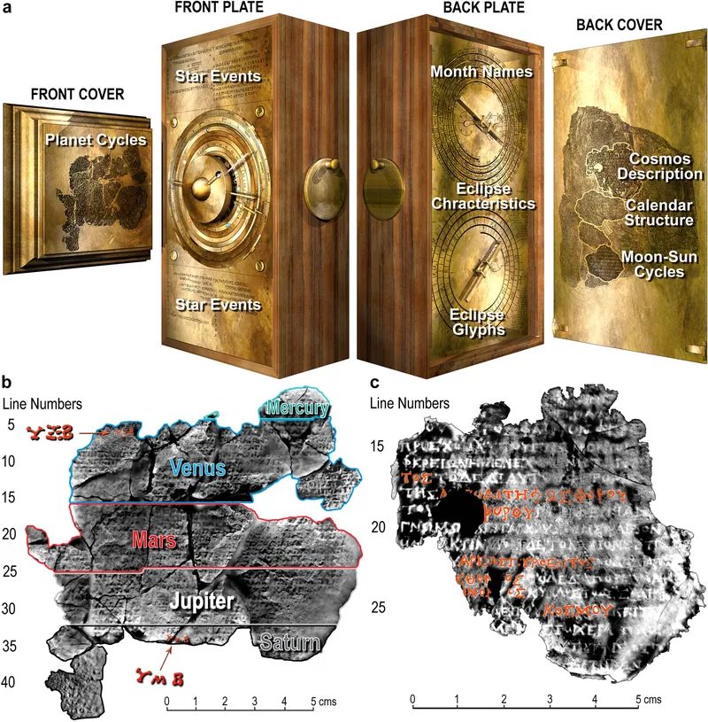 The inscriptions on the fragments (parapegma, back-cover guide, dial legends)