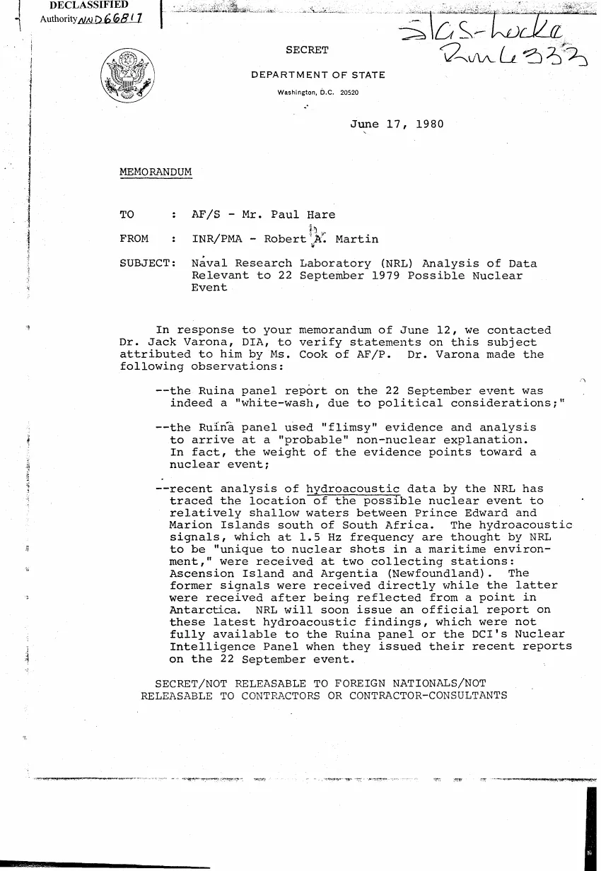 Naval Research Laboratory hydroacoustic report on the 22 September 1979 event
