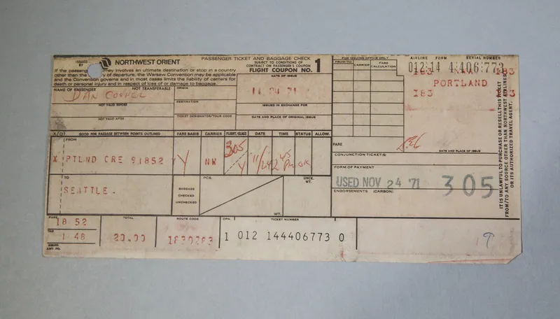 The hijacker's ticket for Northwest Orient Flight 305