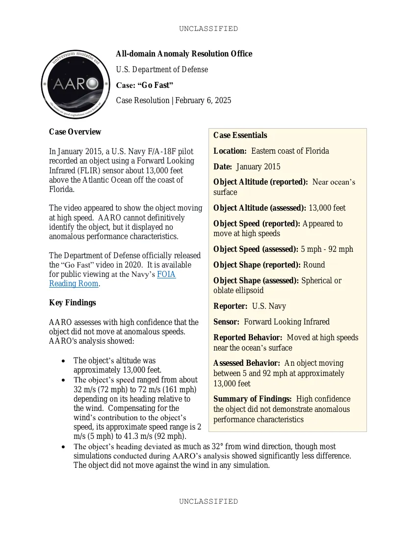 First page of AARO case-resolution slides presented to the Senate (GOFAST, Puerto Rico, Mount Etna), November 2024