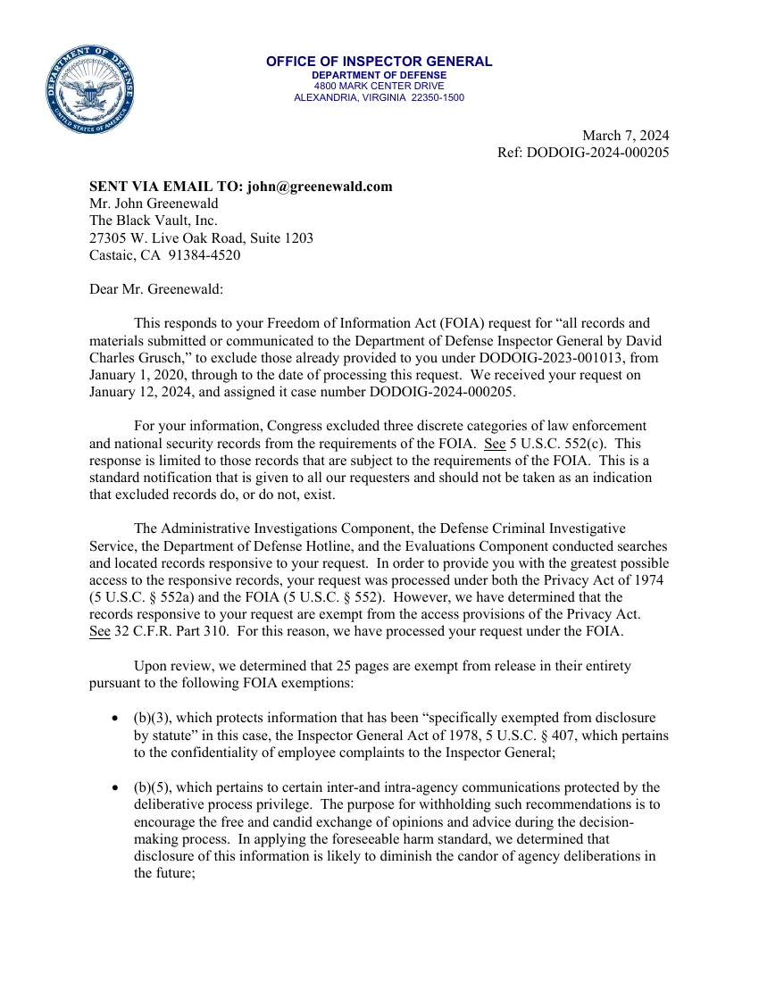 DoD Inspector General FOIA response on David Grusch's submissions (DODOIG-2024-000205)