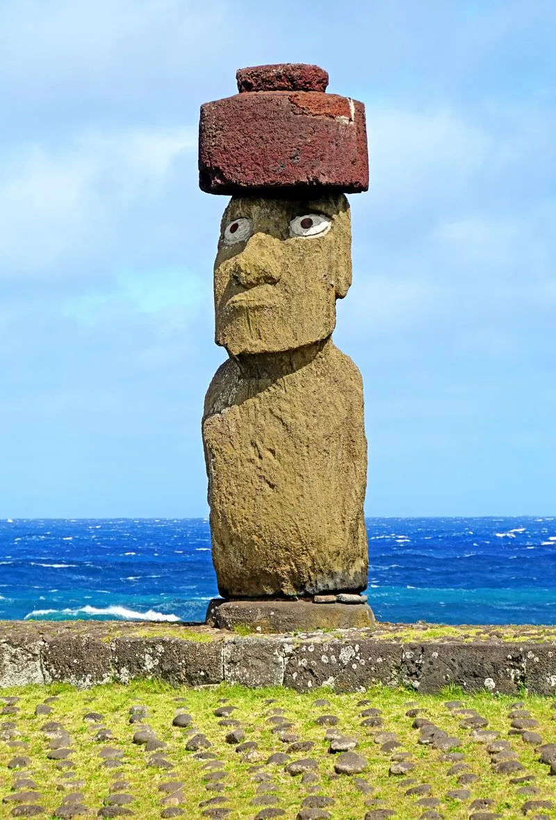 Pukao at Puna Pau and on the ahu: photograph