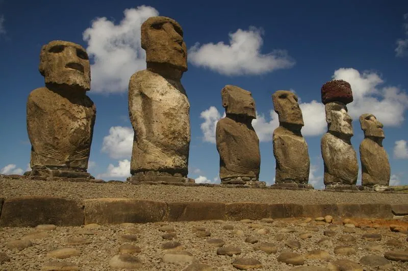The moai standing on the outer slope of Rano Raraku: photograph