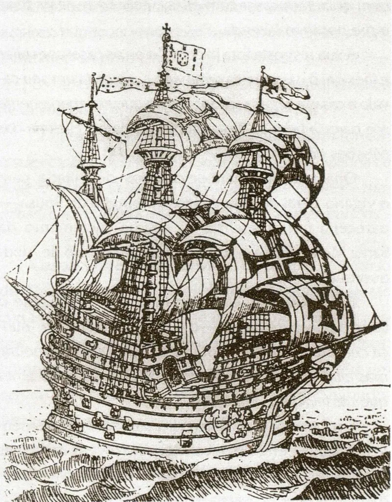 Original caption: Galeão Flor de la Mar, em que Affonso d'Albuquerque foi a tomada de Malaca (Roteiro de Malaca) .
