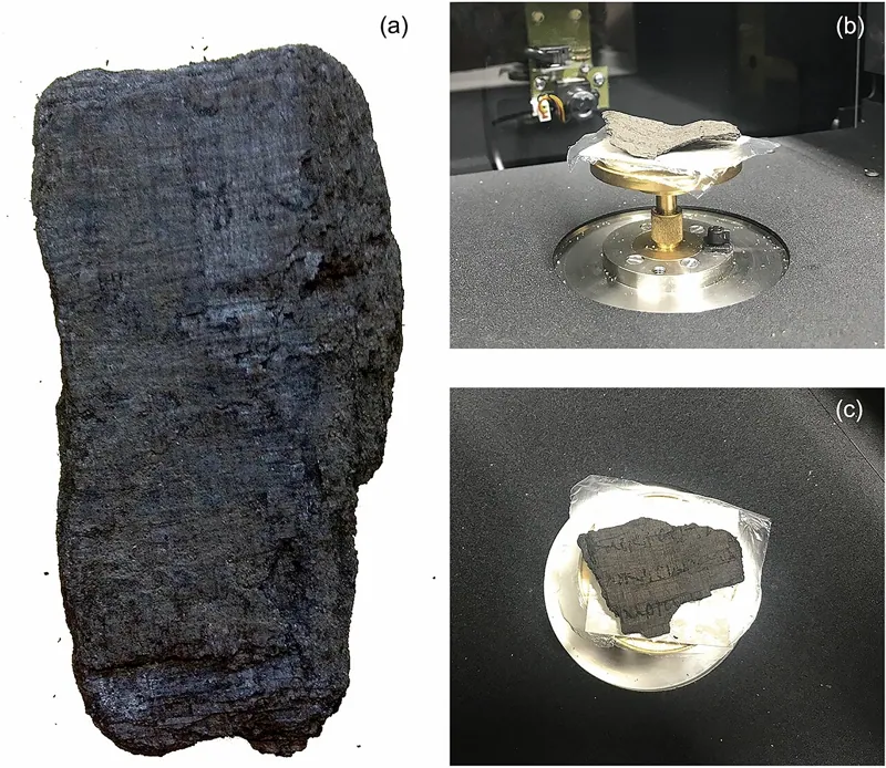 Photos of the papyrus fragments PHerc.1103 (a) and PHerc.110 (b,c).