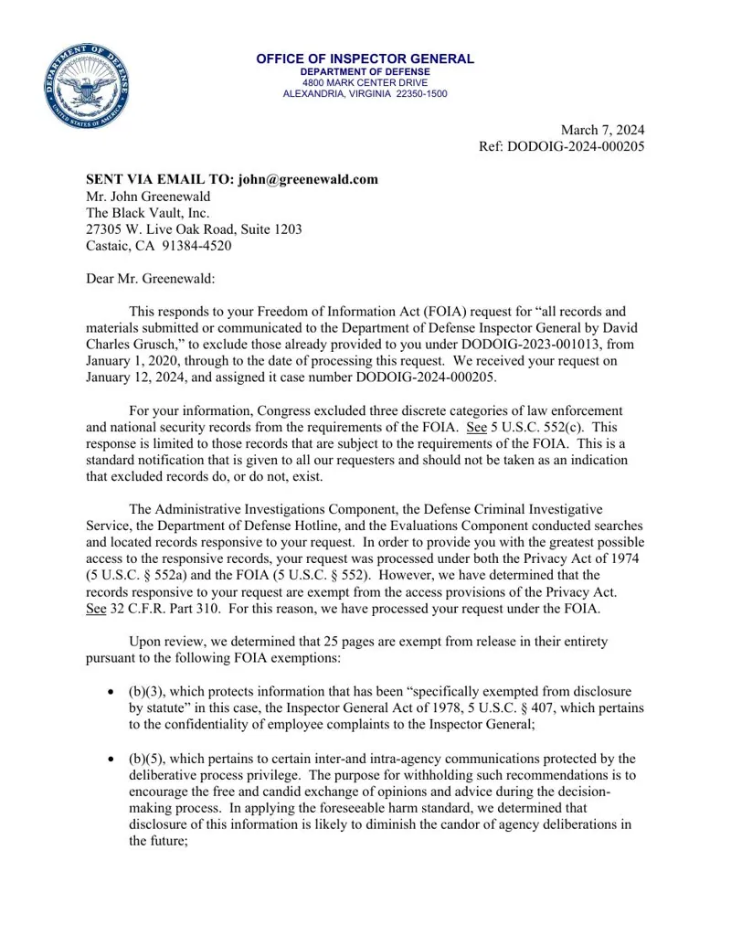 DODOIG-2024-000205 letter: page 1