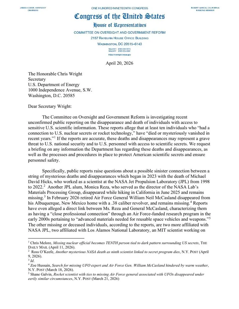 Letter to Energy Secretary Chris Wright, 20 April 2026: page 1
