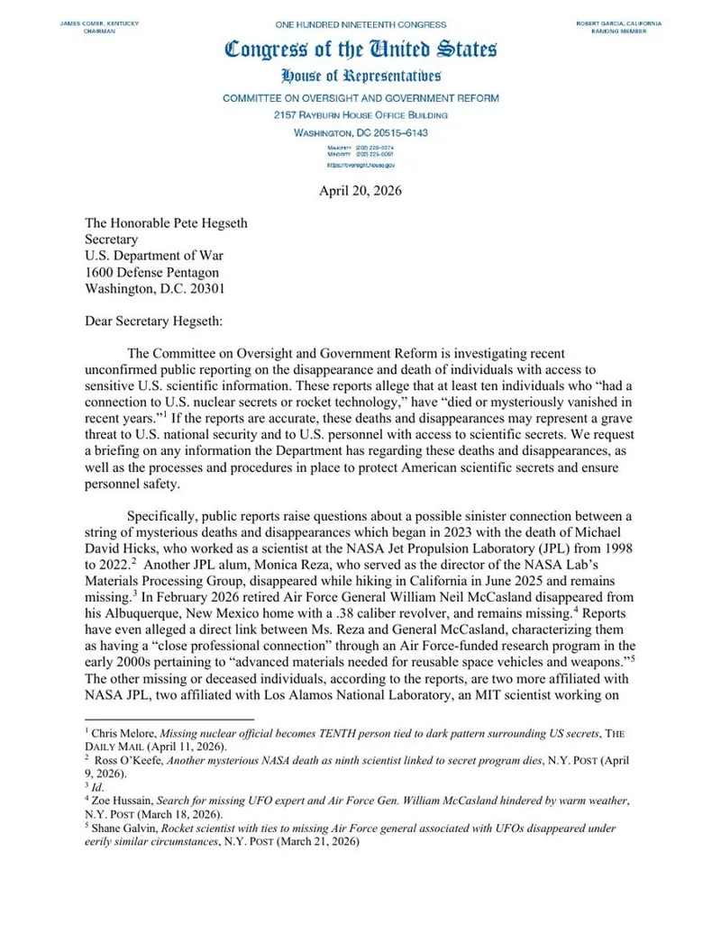 Letter to Secretary of War Pete Hegseth, 20 April 2026: page 1