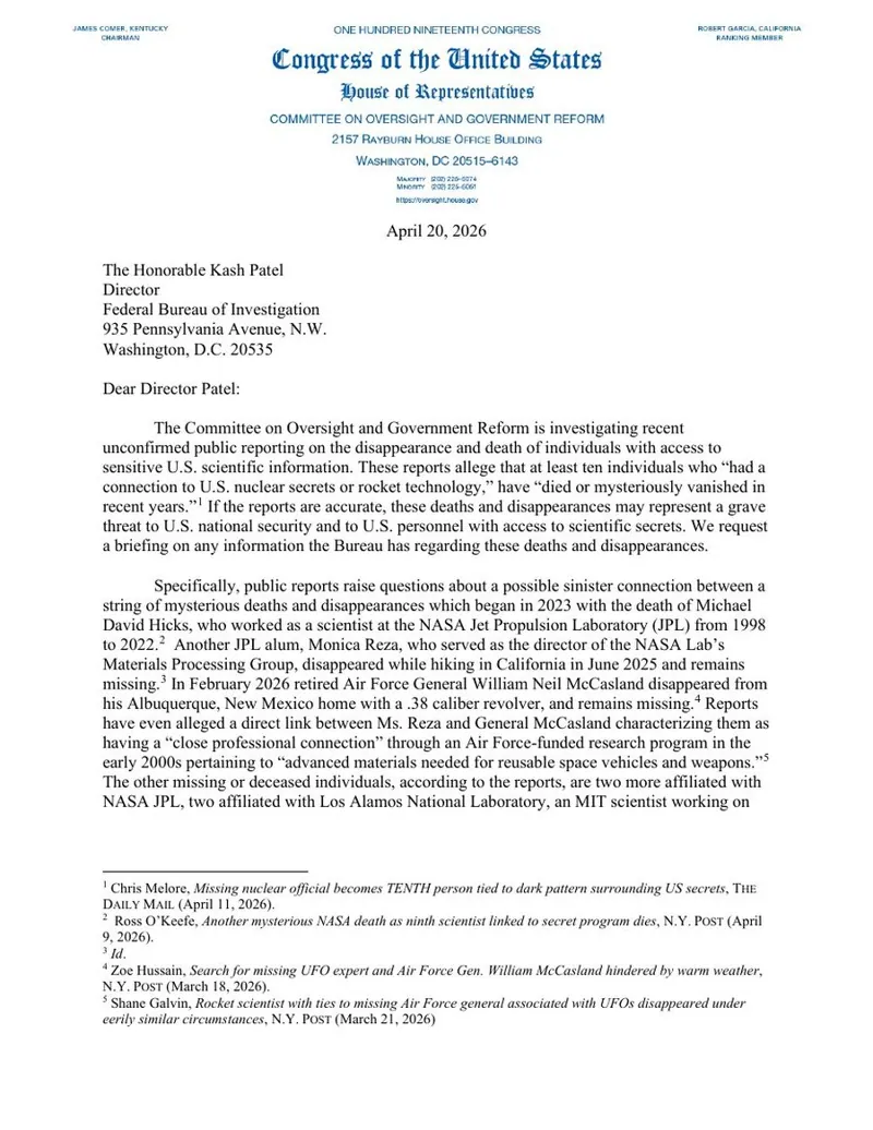 Letter to FBI Director Kash Patel, 20 April 2026: page 1