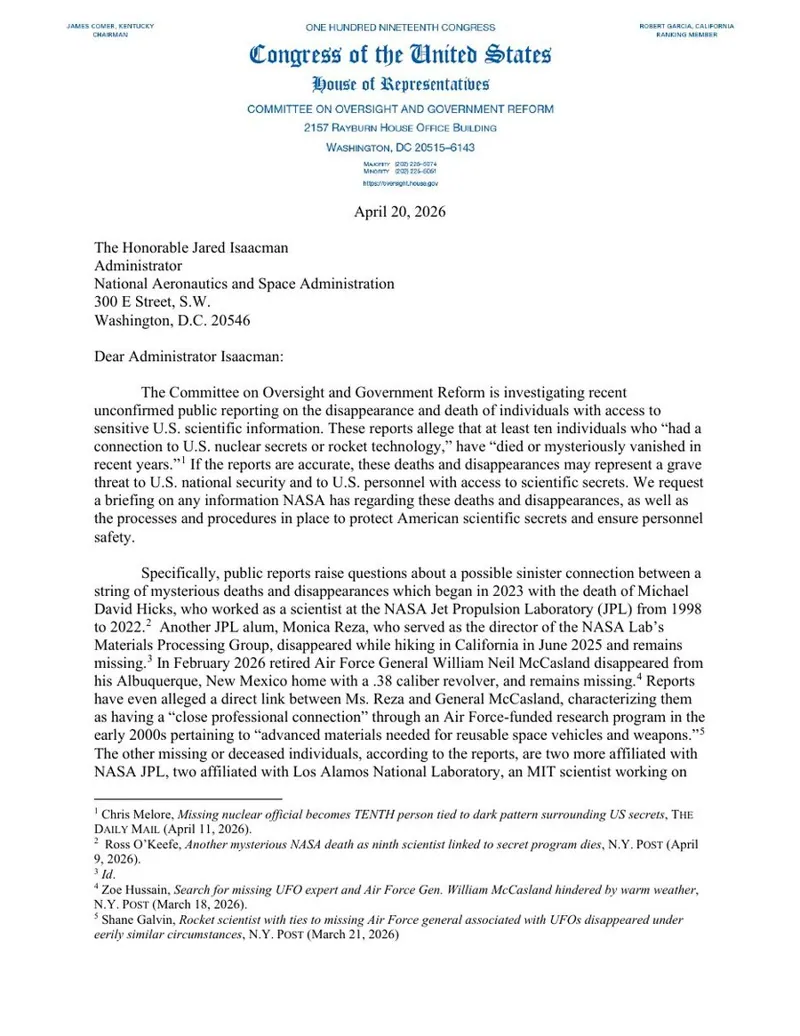 Letter to NASA Administrator Jared Isaacman, 20 April 2026: page 1