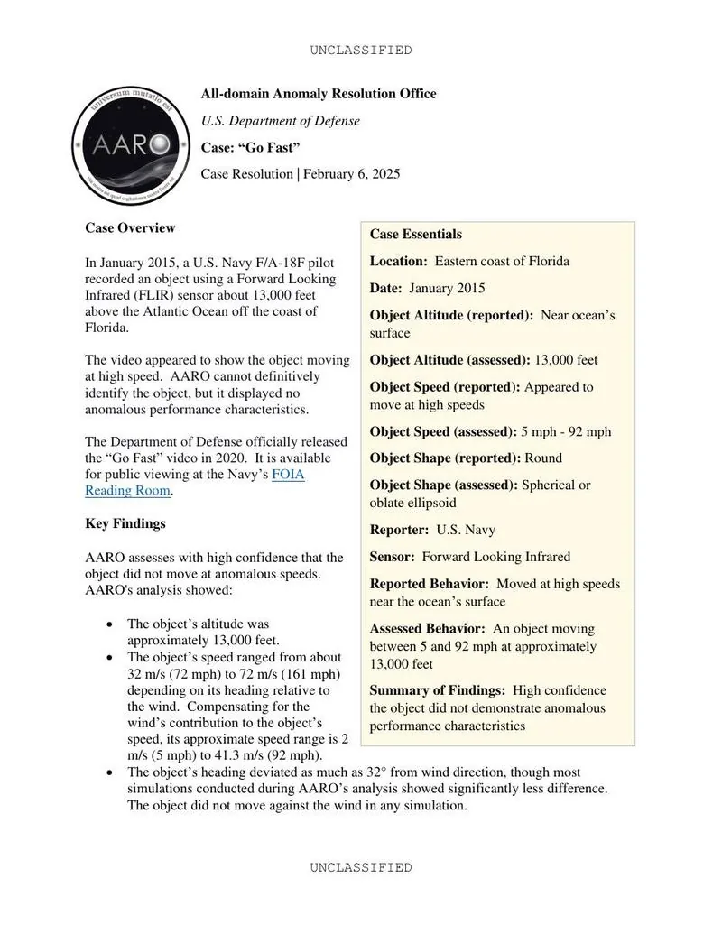 AARO's GOFAST case resolution and the November 2024 case slides: document