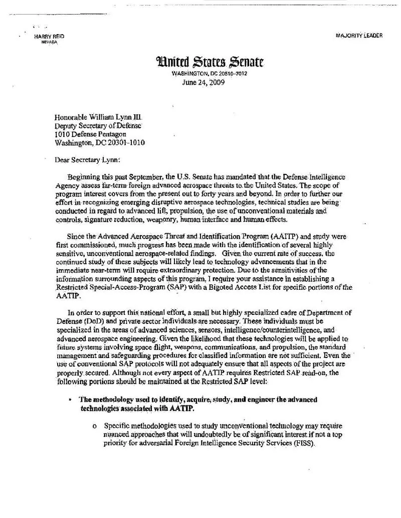 Senator Reid's 2009 request to make AAWSAP a special access program: document