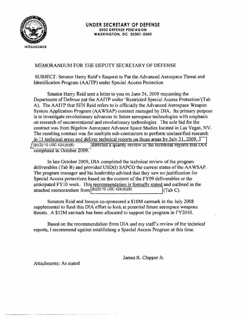 Senator Reid's 2009 request to make AAWSAP a special access program: document
