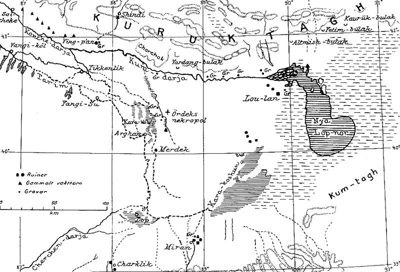 Folke Bergman's map of the Lop Nor region (1935): map