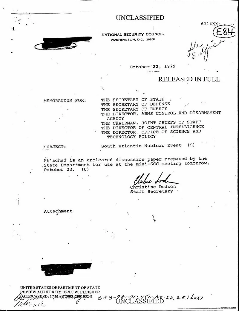 NSC memorandum of 22 October 1979 with the discussion paper on the South Atlantic event: scan