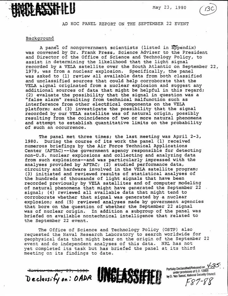 The OSTP Ad Hoc Panel report on the September 22 event (Ruina panel): scan
