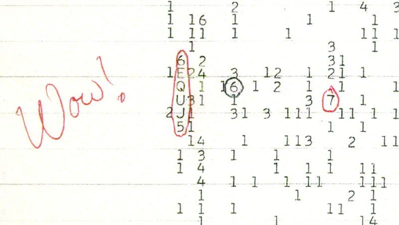 A scan of a color copy of the original computer printout, taken several years after the 1977 arrival of the Wow!