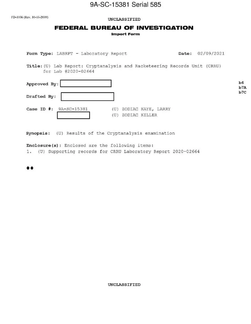 The FBI's Zodiac file, with the Laboratory's 1969 cryptanalysis of Z340: scan